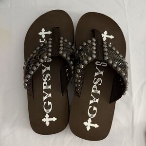 Gypsy Soule Studded Snakeskin Flip Flops Women’s SZ 7 Brown, Western, Sandals